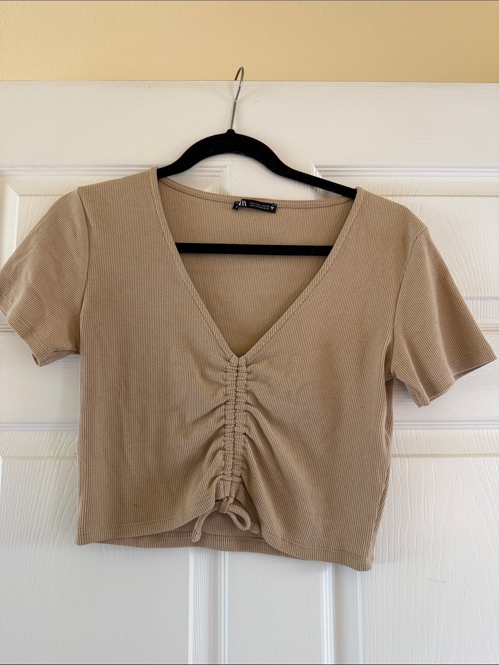 Zara Neutral Beige Ribbed V-Neck Ruched Drawstring Crop Top